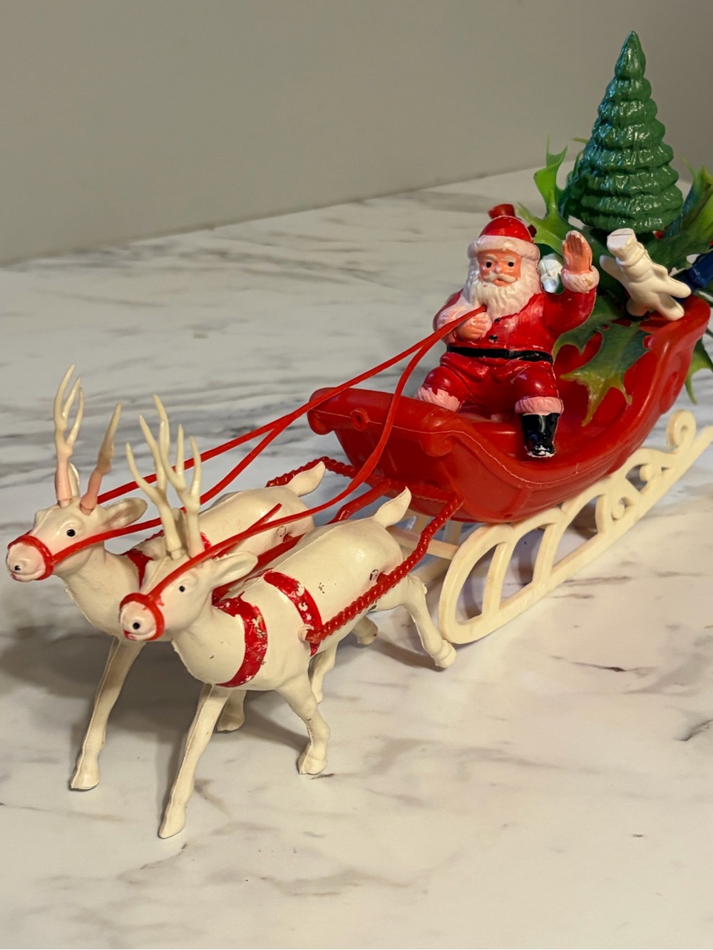 MCM Plastic Christmas Santa On Sleigh & Reindeer Display VTG Made In Hong Kong
